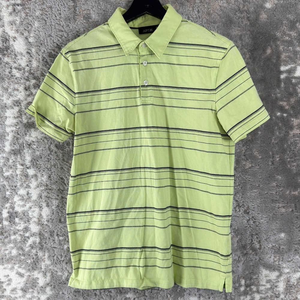 APT 9 Size M Striped Casual Polo Shirt Green Short Sleeve Collar Cotton